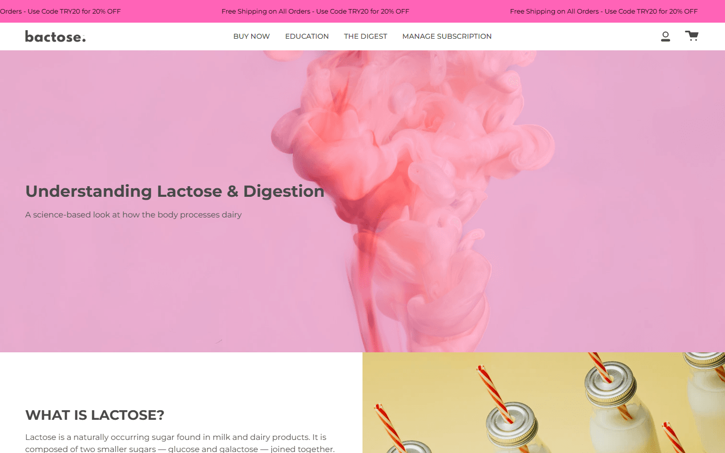Bactose education page explaining lactose and digestion