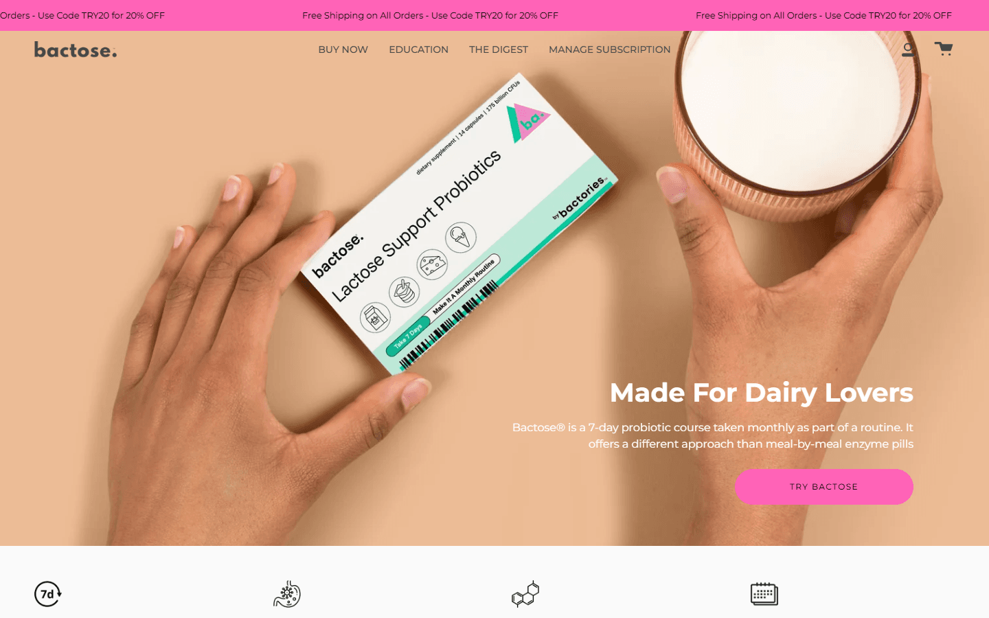 Bactose homepage presenting the seven-day monthly probiotic routine
