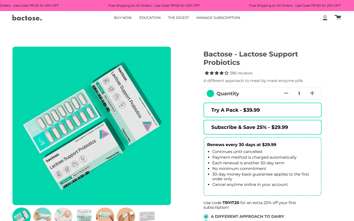Bactose product page with one-time and subscription purchase options