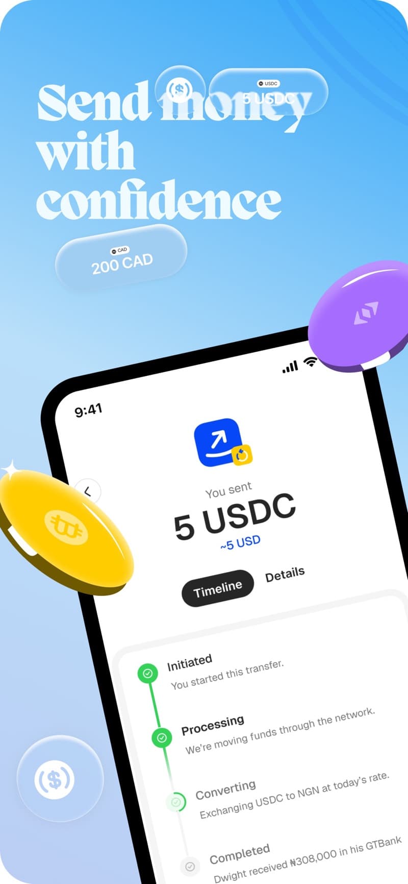 Sendcoins brand cover with the tagline Send money with confidence