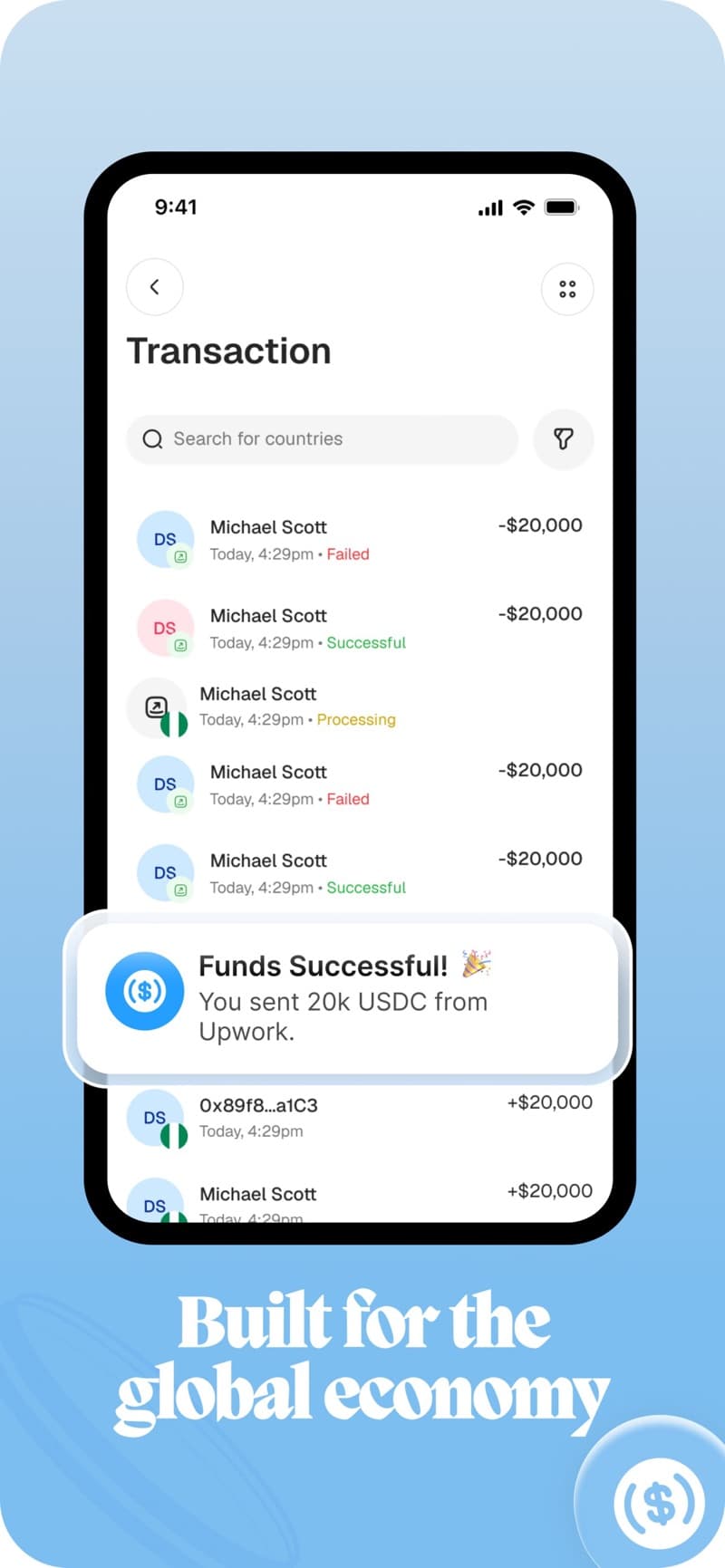 Sendcoins transactions screen listing transfers with amounts and statuses