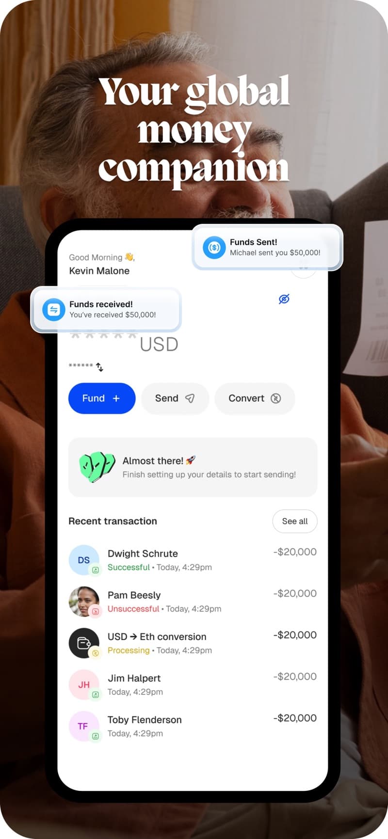 Sendcoins wallet chooser screen listing USDC, savings, and other wallets