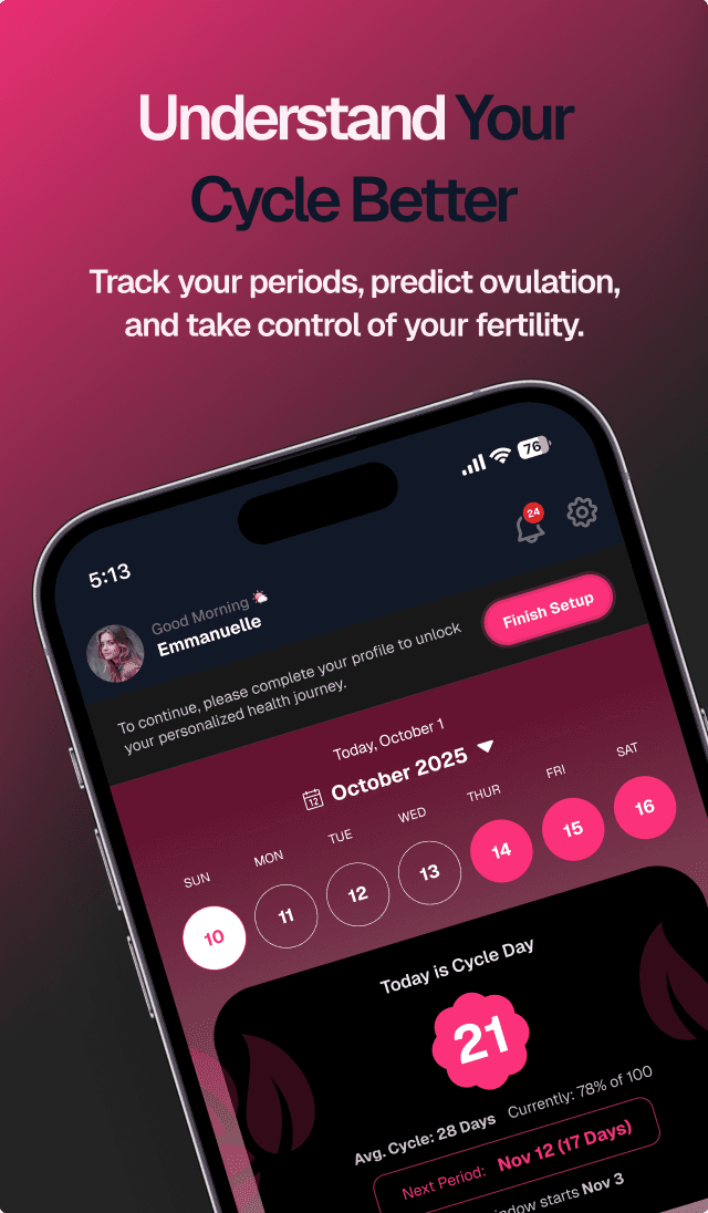 VivaFemini cycle tracking screen with calendar view and cycle day insights