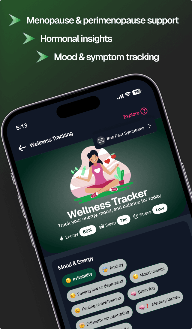 VivaFemini wellness tracker screen with mood and energy logging for menopause support