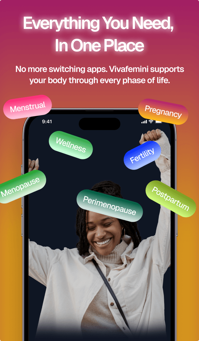 VivaFemini home screen listing menstrual, pregnancy, wellness, fertility, menopause, and postpartum phases