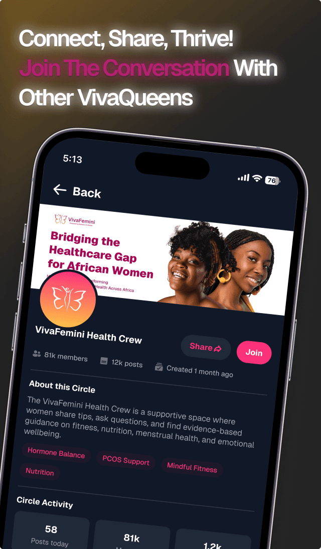 VivaFemini community screen inviting VivaQueens to connect, share, and thrive