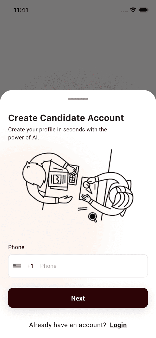 Looking to Hire candidate account screen